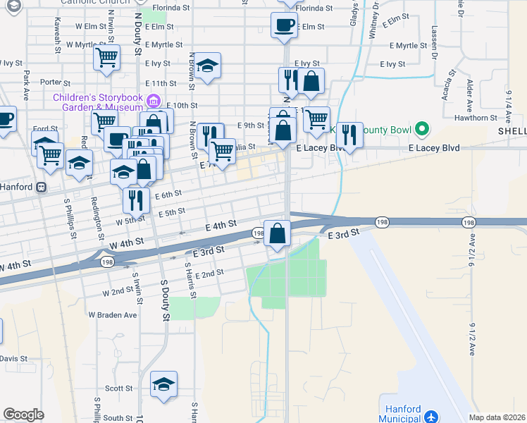 map of restaurants, bars, coffee shops, grocery stores, and more near 501 East 5th Street in Hanford