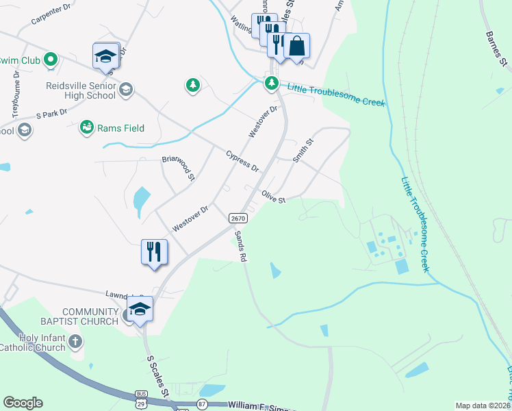 map of restaurants, bars, coffee shops, grocery stores, and more near 2223 South Scales Street in Reidsville