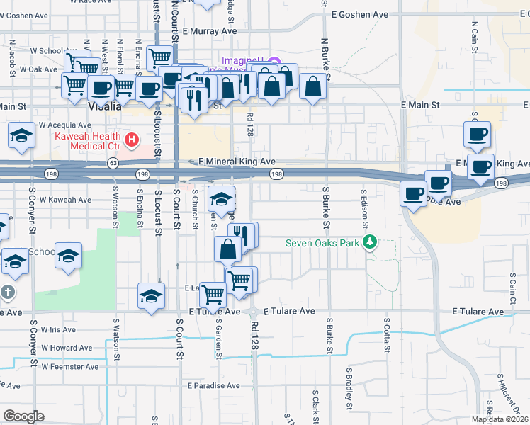 map of restaurants, bars, coffee shops, grocery stores, and more near 536 East Myrtle Avenue in Visalia