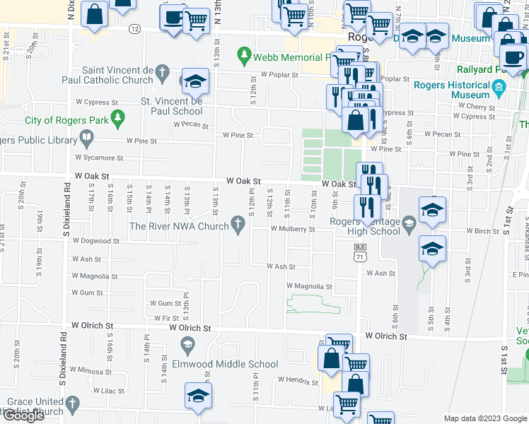 map of restaurants, bars, coffee shops, grocery stores, and more near 1000 South 12th Street in Rogers