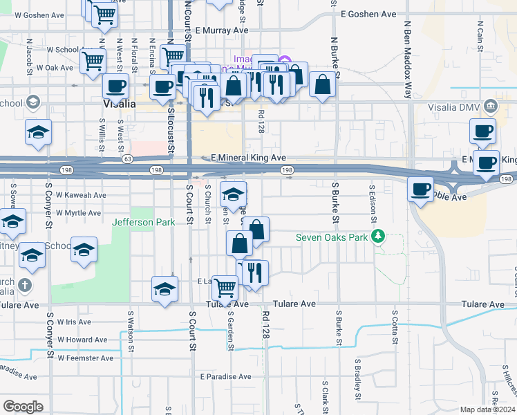 map of restaurants, bars, coffee shops, grocery stores, and more near 619 South Santa Fe Street in Visalia