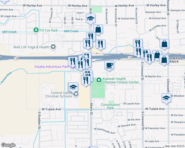 map of restaurants, bars, coffee shops, grocery stores, and more near 614 South Akers Street in Visalia