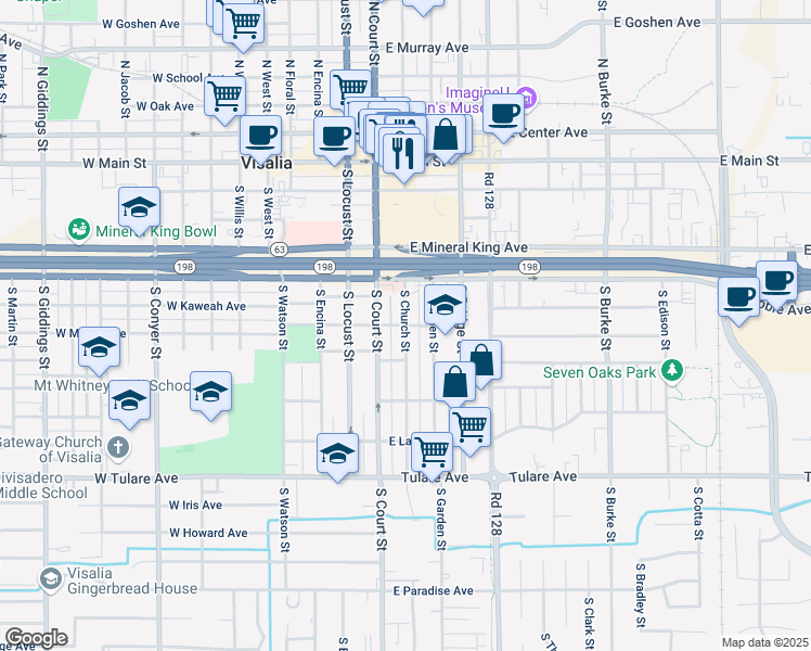 map of restaurants, bars, coffee shops, grocery stores, and more near South Church Street & East Myrtle Avenue in Visalia