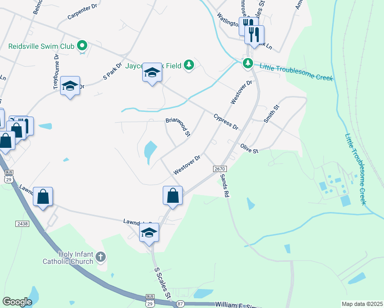 map of restaurants, bars, coffee shops, grocery stores, and more near 2403 Lemar Drive in Reidsville