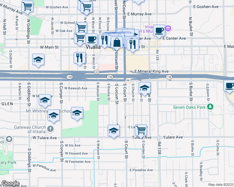 map of restaurants, bars, coffee shops, grocery stores, and more near South Locust Street & West Myrtle Avenue in Visalia