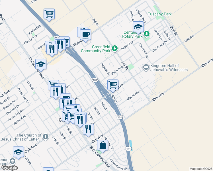 map of restaurants, bars, coffee shops, grocery stores, and more near in Greenfield