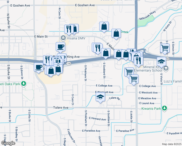 map of restaurants, bars, coffee shops, grocery stores, and more near 2224 East Kaweah Court in Visalia