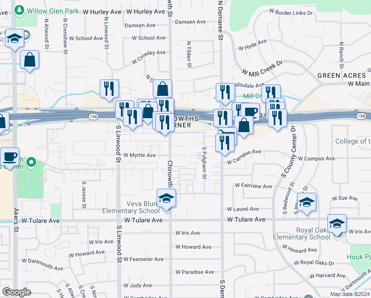 map of restaurants, bars, coffee shops, grocery stores, and more near 604 South Chinowth Street in Visalia