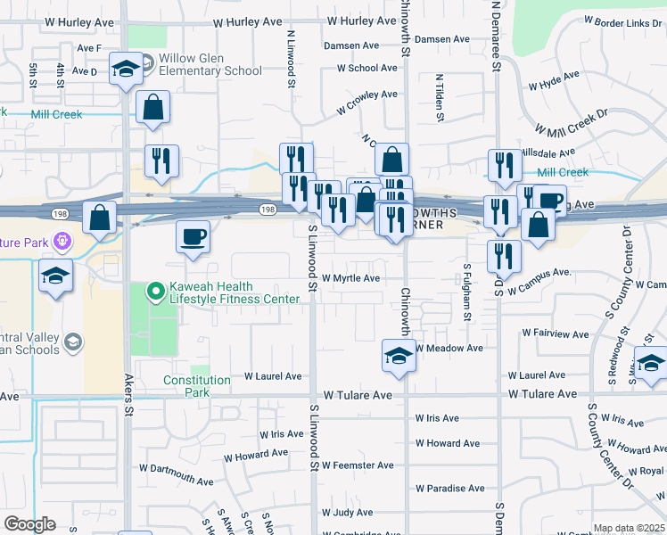 map of restaurants, bars, coffee shops, grocery stores, and more near 606 South Linwood Street in Visalia