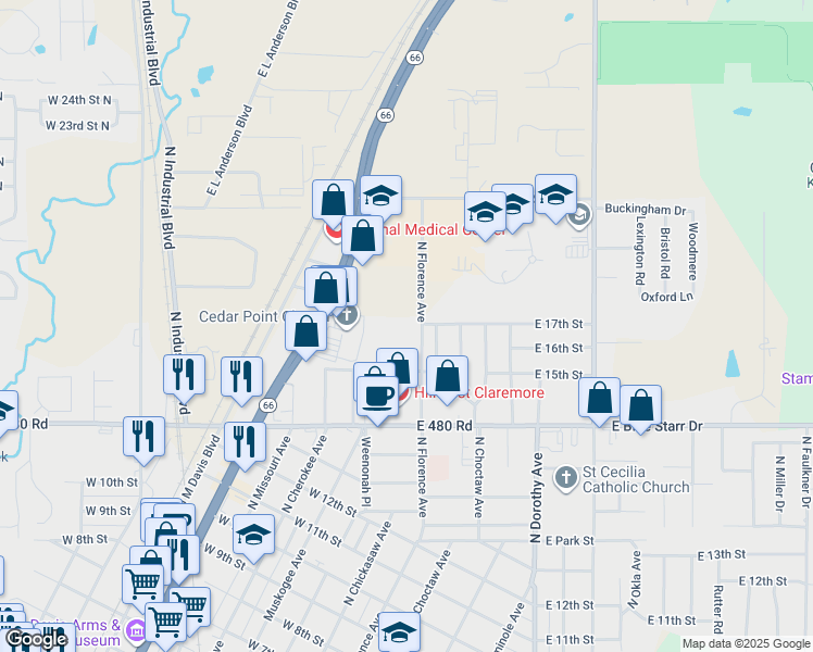 map of restaurants, bars, coffee shops, grocery stores, and more near 1515 North Florence Avenue in Claremore