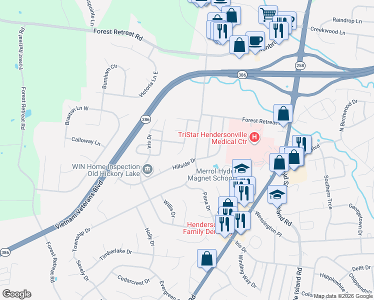 map of restaurants, bars, coffee shops, grocery stores, and more near 113 Forest View Drive in Hendersonville