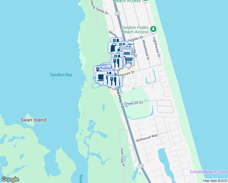 map of restaurants, bars, coffee shops, grocery stores, and more near 790 Sunset Blvd in Corolla