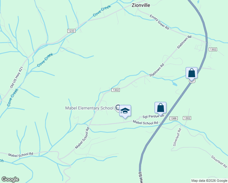 map of restaurants, bars, coffee shops, grocery stores, and more near 848 Slabtown Road in Zionville