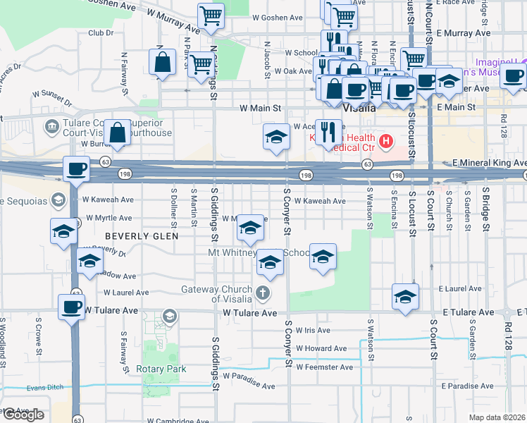 map of restaurants, bars, coffee shops, grocery stores, and more near 1005 West Kaweah Avenue in Visalia