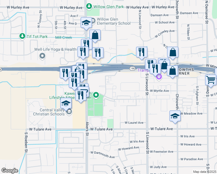map of restaurants, bars, coffee shops, grocery stores, and more near 630 South Atwood Street in Visalia