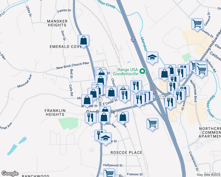 map of restaurants, bars, coffee shops, grocery stores, and more near 118 Connell Street in Goodlettsville