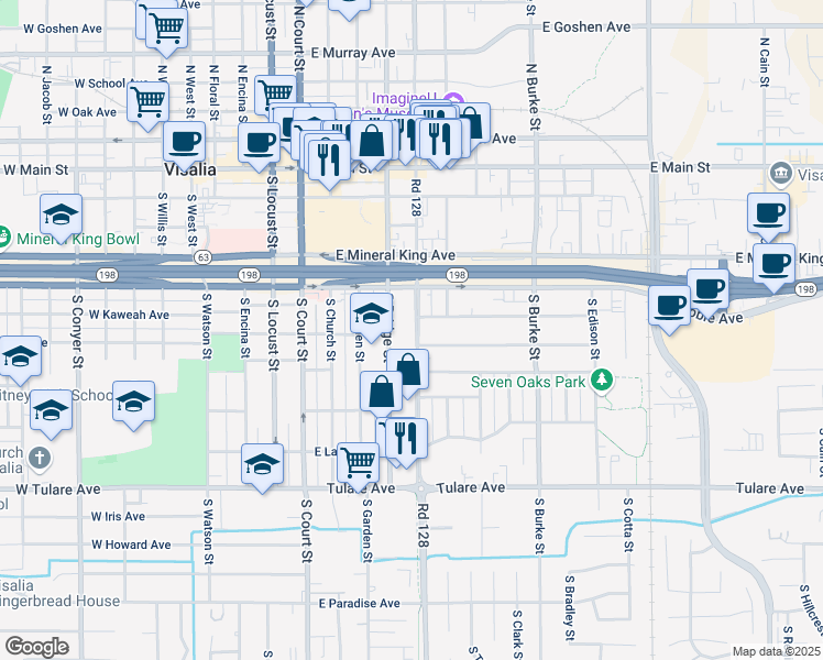 map of restaurants, bars, coffee shops, grocery stores, and more near 617 South Santa Fe Street in Visalia