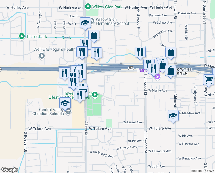 map of restaurants, bars, coffee shops, grocery stores, and more near 630 South Atwood Street in Visalia