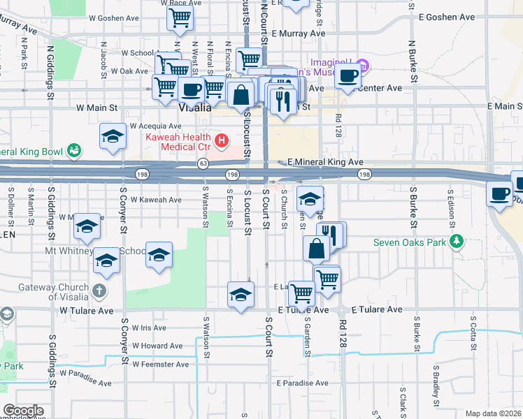 map of restaurants, bars, coffee shops, grocery stores, and more near 508 South Court Street in Visalia