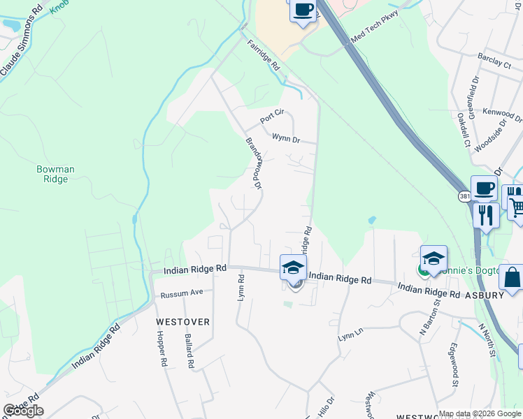 map of restaurants, bars, coffee shops, grocery stores, and more near 161 Brandonwood Drive in Johnson City