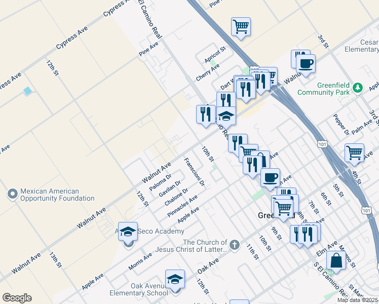 map of restaurants, bars, coffee shops, grocery stores, and more near 497 Clifton Court in Greenfield