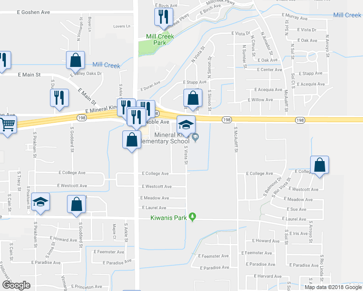 map of restaurants, bars, coffee shops, grocery stores, and more near 615 South Vista Street in Visalia