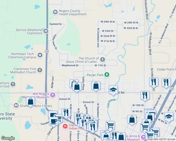 map of restaurants, bars, coffee shops, grocery stores, and more near 1408 Paradise Parkway in Claremore