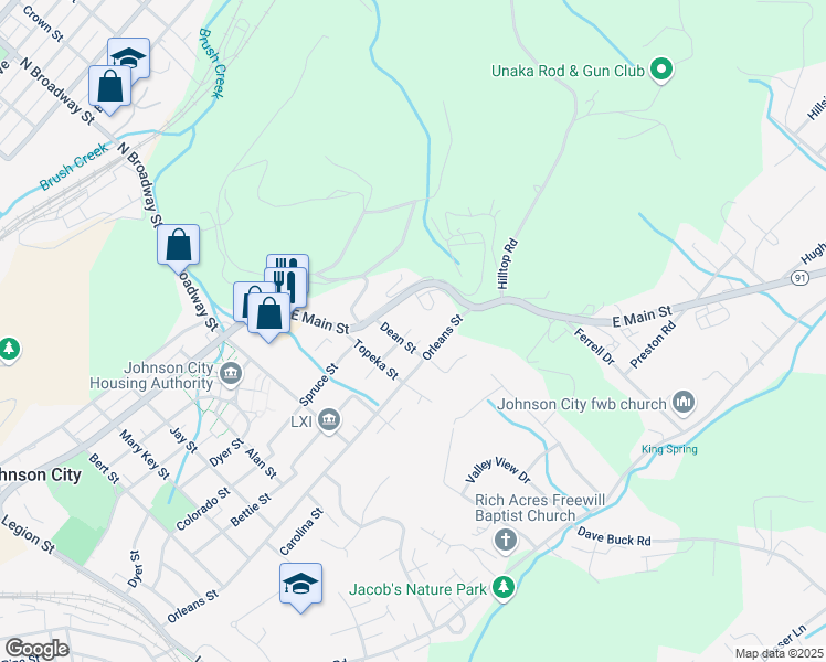 map of restaurants, bars, coffee shops, grocery stores, and more near 1001 Dean Street in Johnson City