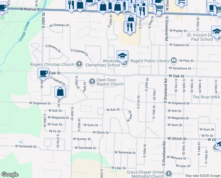 map of restaurants, bars, coffee shops, grocery stores, and more near 2311 West Birch Street in Rogers