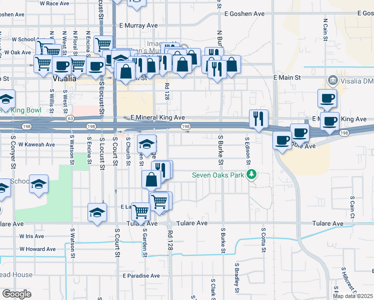 map of restaurants, bars, coffee shops, grocery stores, and more near 626 East Kaweah Avenue in Visalia