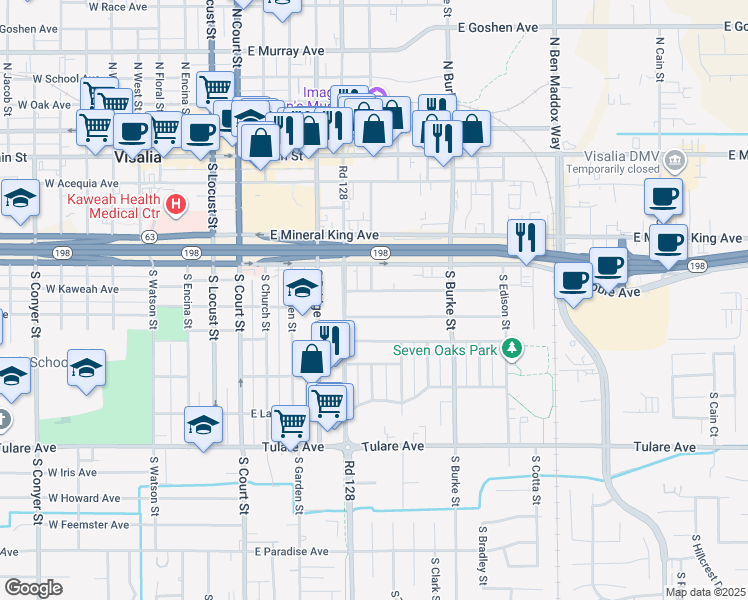 map of restaurants, bars, coffee shops, grocery stores, and more near 626 East Kaweah Avenue in Visalia
