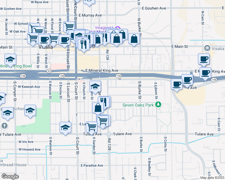 map of restaurants, bars, coffee shops, grocery stores, and more near 510 East Kaweah Avenue in Visalia