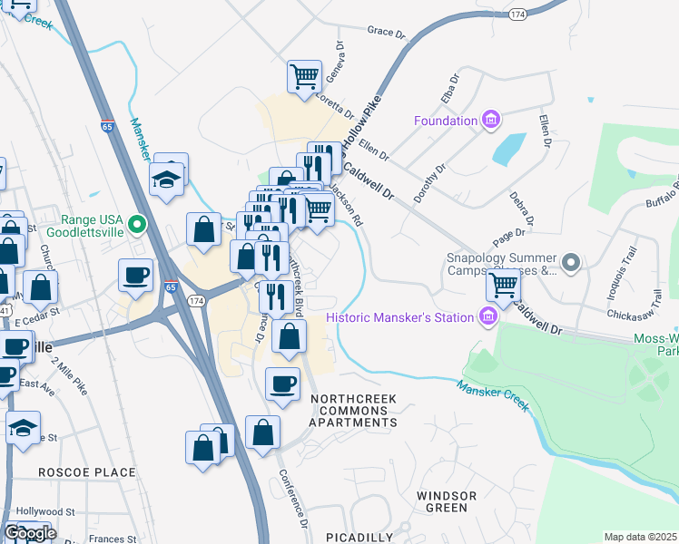 map of restaurants, bars, coffee shops, grocery stores, and more near 375-413 Jackson Road in Goodlettsville