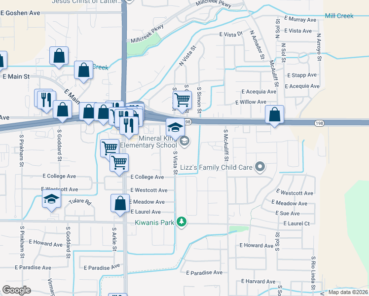 map of restaurants, bars, coffee shops, grocery stores, and more near 3333 East Kaweah Avenue in Visalia