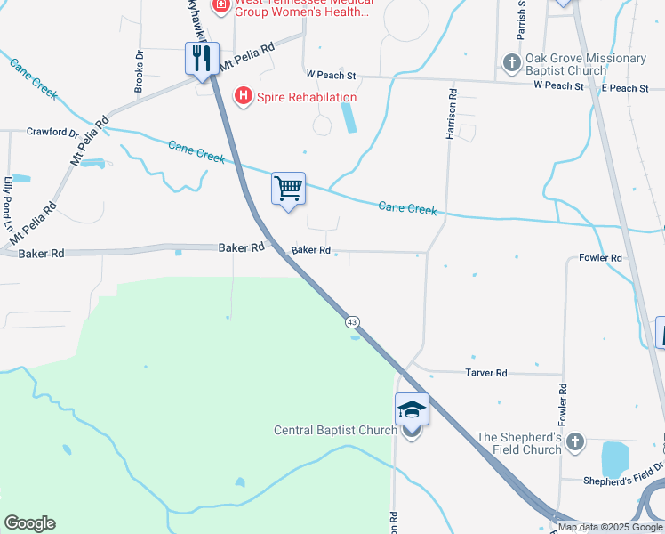map of restaurants, bars, coffee shops, grocery stores, and more near 586 Baker Road in Martin