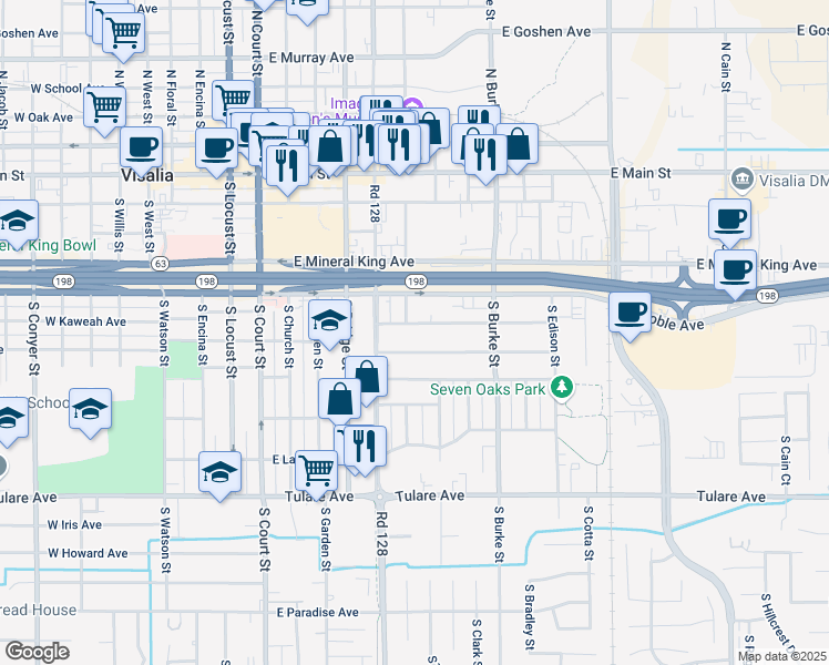 map of restaurants, bars, coffee shops, grocery stores, and more near 605 East Kaweah Avenue in Visalia