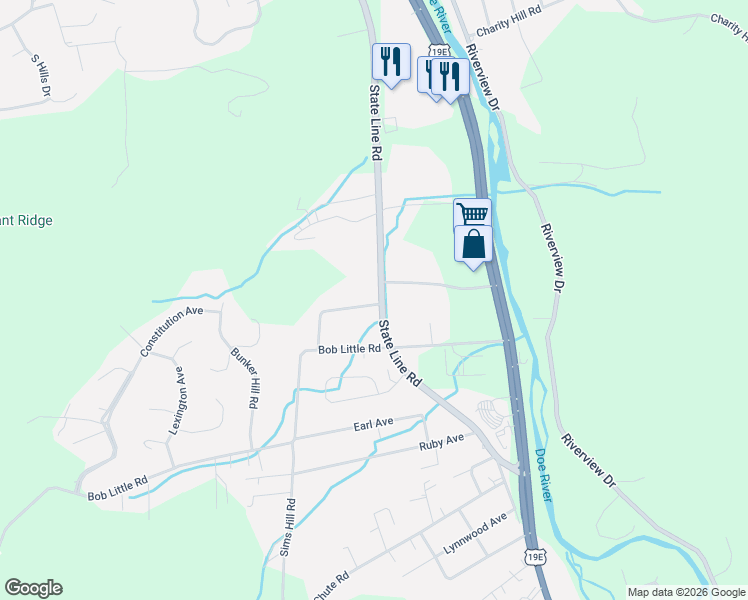 map of restaurants, bars, coffee shops, grocery stores, and more near 2200 State Line Road in Elizabethton