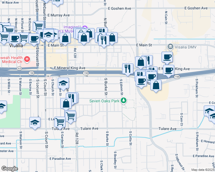 map of restaurants, bars, coffee shops, grocery stores, and more near 600 South Burke Street in Visalia