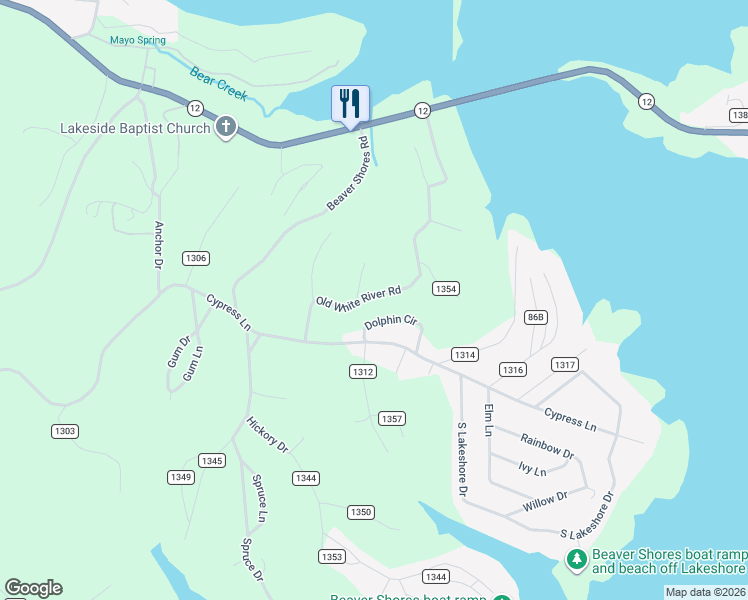 map of restaurants, bars, coffee shops, grocery stores, and more near 8078 Old White River Road in Rogers
