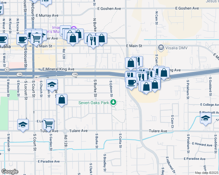 map of restaurants, bars, coffee shops, grocery stores, and more near 611 South Edison Street in Visalia