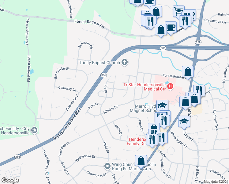 map of restaurants, bars, coffee shops, grocery stores, and more near 140 Homestead Place in Hendersonville
