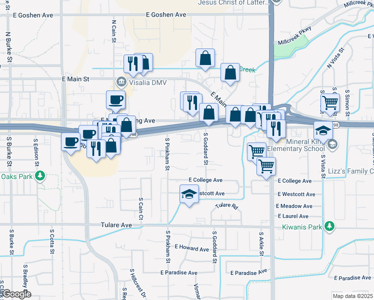 map of restaurants, bars, coffee shops, grocery stores, and more near 2224 East Kaweah Court in Visalia