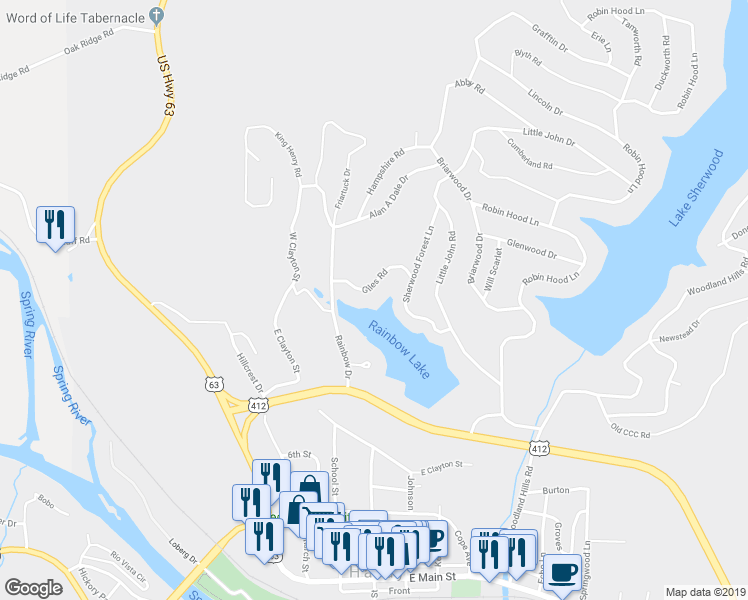 map of restaurants, bars, coffee shops, grocery stores, and more near 117 Giles Road in Hardy