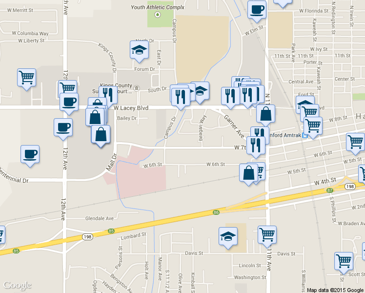 map of restaurants, bars, coffee shops, grocery stores, and more near 1126 West 7th Street in Hanford