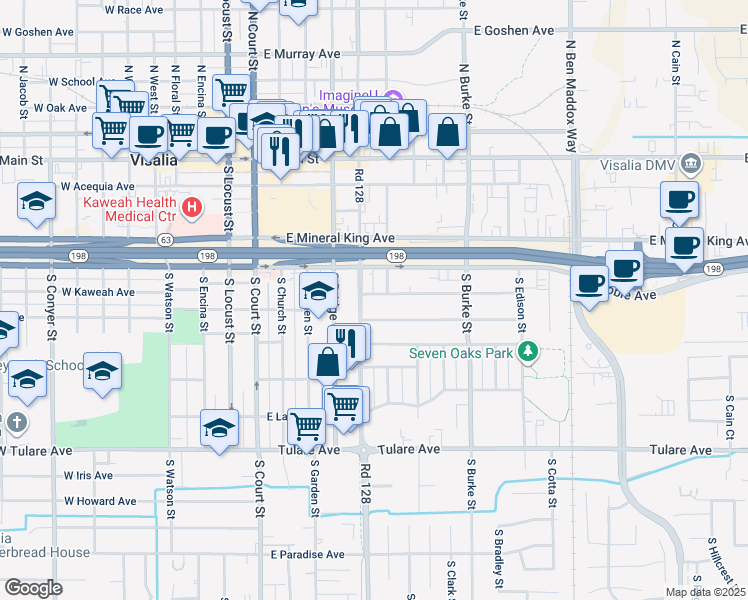 map of restaurants, bars, coffee shops, grocery stores, and more near 510 East Kaweah Avenue in Visalia
