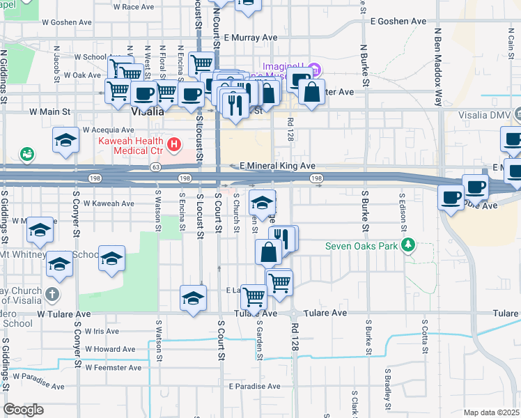 map of restaurants, bars, coffee shops, grocery stores, and more near 441 South Bridge Street in Visalia