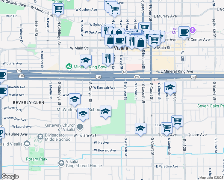 map of restaurants, bars, coffee shops, grocery stores, and more near 605 West Kaweah Avenue in Visalia