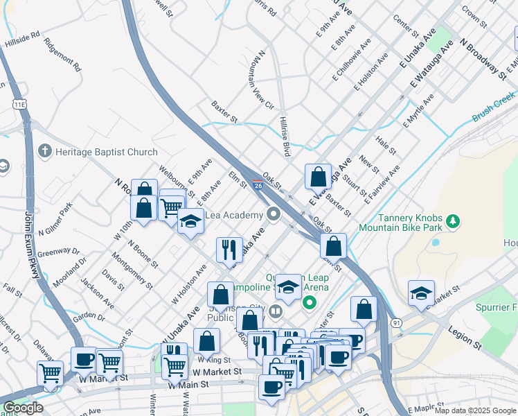 map of restaurants, bars, coffee shops, grocery stores, and more near 219 East Holston Avenue in Johnson City