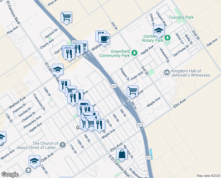 map of restaurants, bars, coffee shops, grocery stores, and more near 310 5th Street in Greenfield