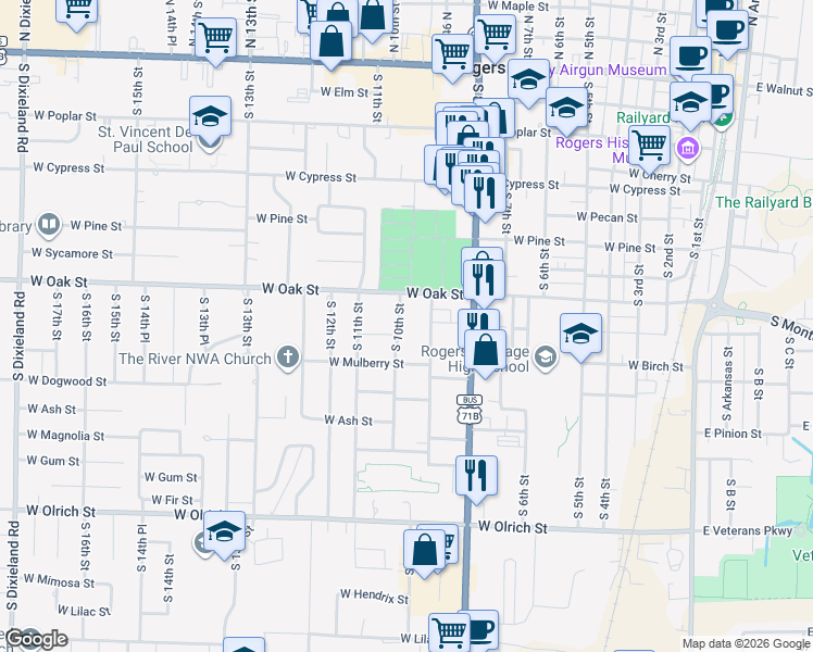 map of restaurants, bars, coffee shops, grocery stores, and more near 908 South 9th Street in Rogers